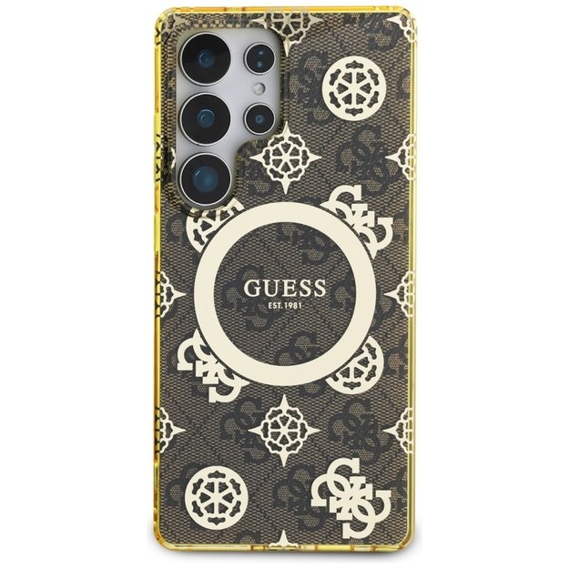 Guess 4G Background Gold Electroplated Peony Pattern MagSafe Case for Samsung Galaxy S25 Ultra Brown 2