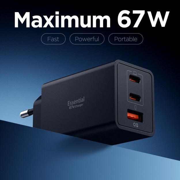 Spigen Essential EE673EU 3-port charger 2xUSB-C 1xUSB-A 67W - black 2