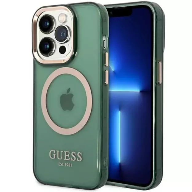 Guess GUHMP14XHTCMA iPhone 14 Pro Max 6.7  green/khaki hard case Gold Outline Translucent MagSafe