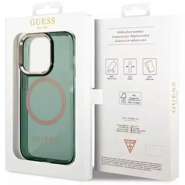 Guess GUHMP14XHTCMA iPhone 14 Pro Max 6.7  green/khaki hard case Gold Outline Translucent MagSafe 14