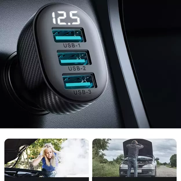 Joyroom JR-CCD03 3.4A car charger with 3x USB-A display - black 25