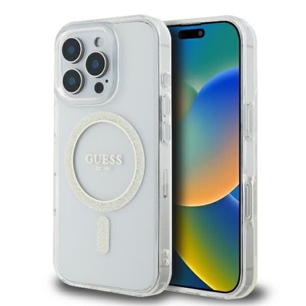 Guess GUHMP16LHFGERET iPhone 16 Pro 6.3&quot  transparent hardcase IML Glitter Circle MagSafe