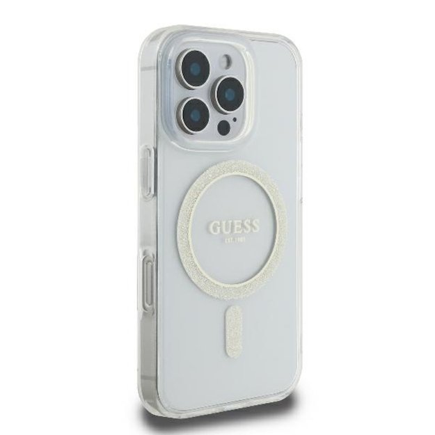 Guess GUHMP16LHFGERET iPhone 16 Pro 6.3&quot  transparent hardcase IML Glitter Circle MagSafe 3