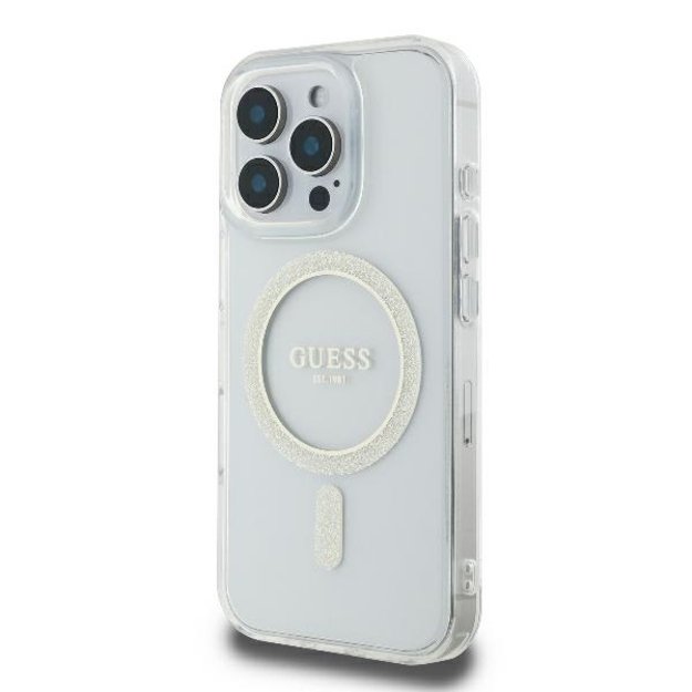 Guess GUHMP16LHFGERET iPhone 16 Pro 6.3&quot  transparent hardcase IML Glitter Circle MagSafe 1