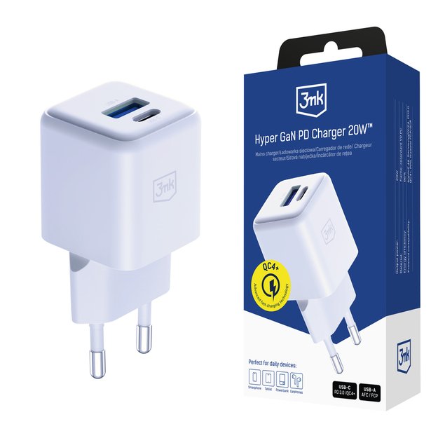 3mk Hyper GaN Charger 20W QC4+ PD PPS USB-C USB-A Wall Charger - White