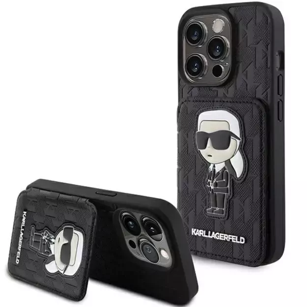 Karl Lagerfeld Saffiano Cardslots and Stand Monogram Ikonik Patch case for iPhone 15 Pro - black