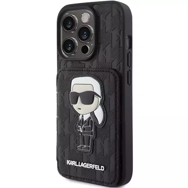 Karl Lagerfeld Saffiano Cardslots and Stand Monogram Ikonik Patch case for iPhone 15 Pro - black 1