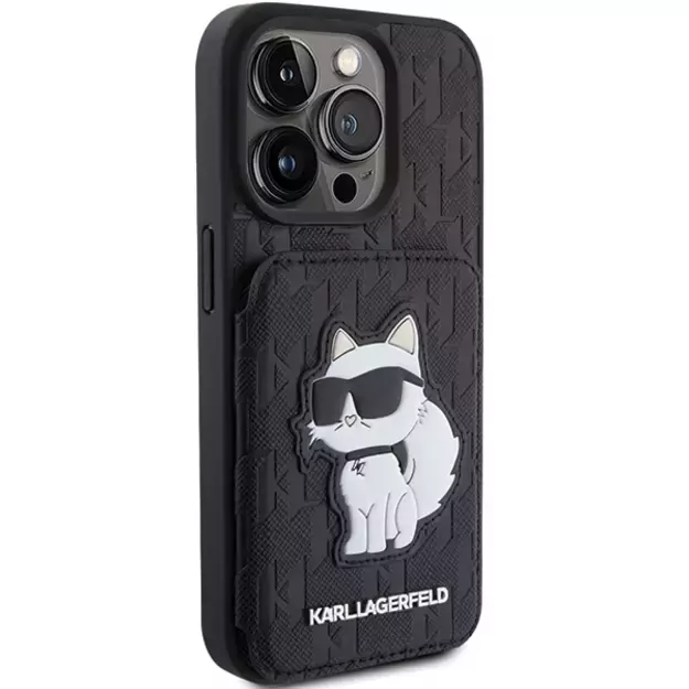 Karl Lagerfeld Saffiano Cardslots and Stand Monogram Choupette Case for iPhone 15 Pro Max - Black 3