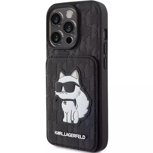 Karl Lagerfeld Saffiano Cardslots and Stand Monogram Choupette Case for iPhone 15 Pro Max - Black 1