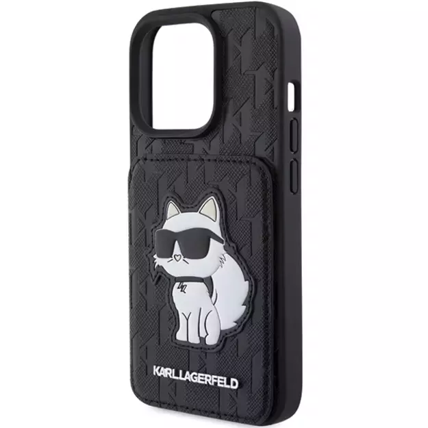 Karl Lagerfeld Saffiano Cardslots and Stand Monogram Choupette Case for iPhone 15 Pro Max - Black 5