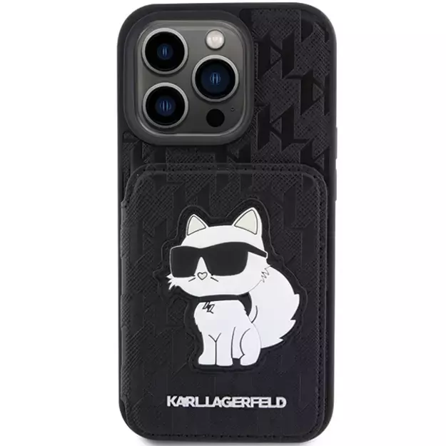 Karl Lagerfeld Saffiano Cardslots and Stand Monogram Choupette Case for iPhone 15 Pro Max - Black 2