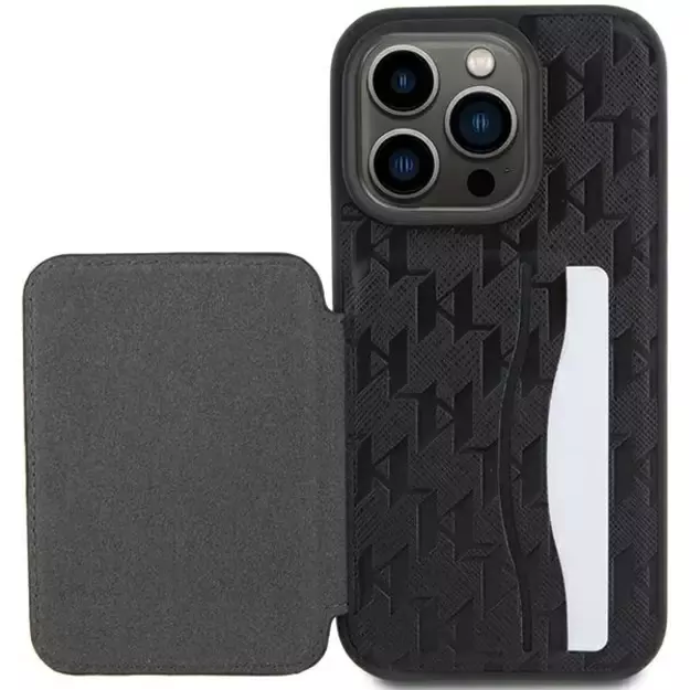 Karl Lagerfeld Saffiano Cardslots and Stand Monogram Choupette Case for iPhone 15 Pro Max - Black 7