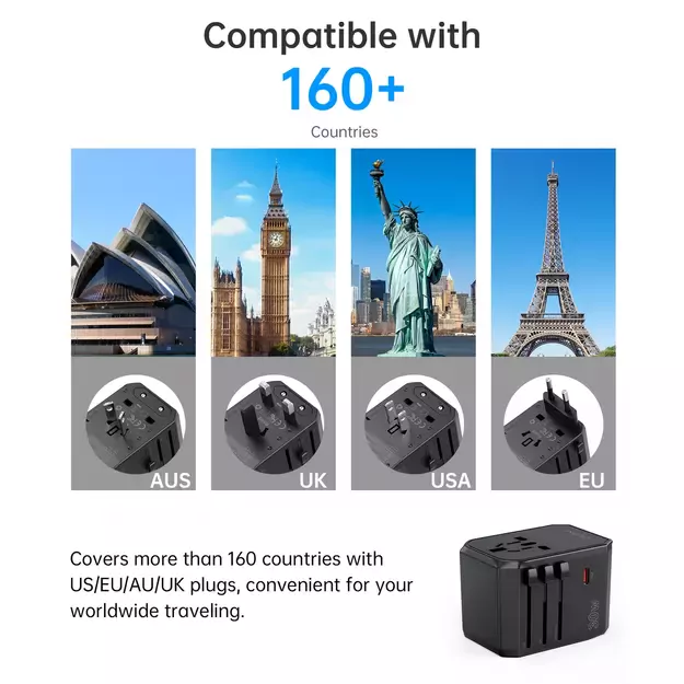 Choetech PD6041 USB-C USB-A PD 30W Travel Charger with 4 Plugs USA EU UK AU - Black 10