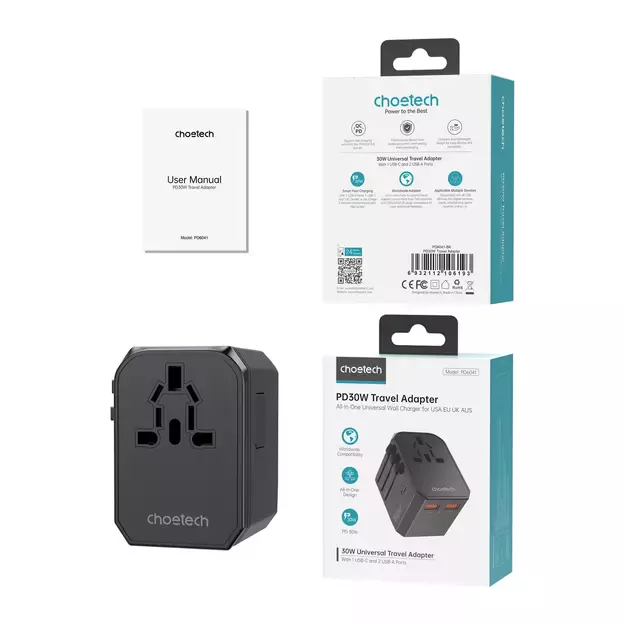 Choetech PD6041 USB-C USB-A PD 30W Travel Charger with 4 Plugs USA EU UK AU - Black 6