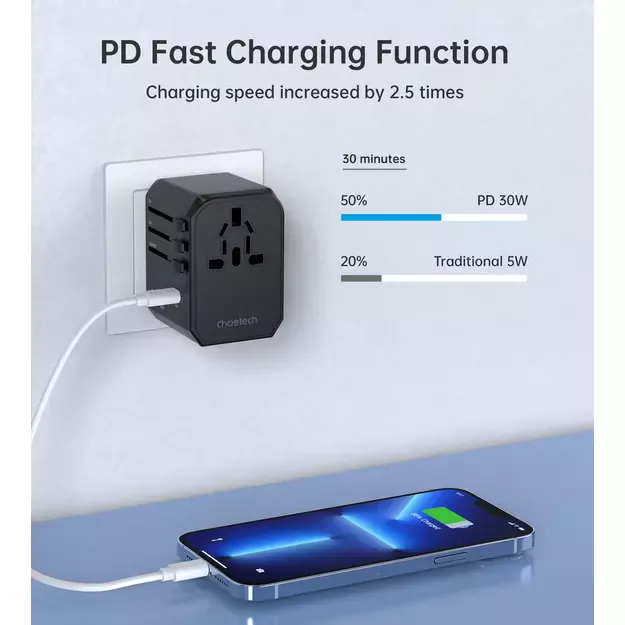 Choetech PD6041 USB-C USB-A PD 30W Travel Charger with 4 Plugs USA EU UK AU - Black 11