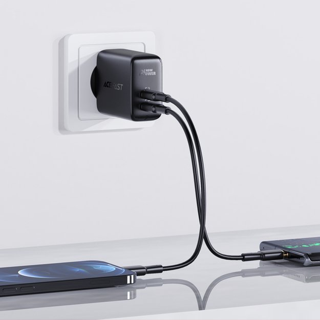 Acefast charger 2x USB Type C 40W, PPS, PD, QC 3.0, AFC, FCP black (A9 black) 3