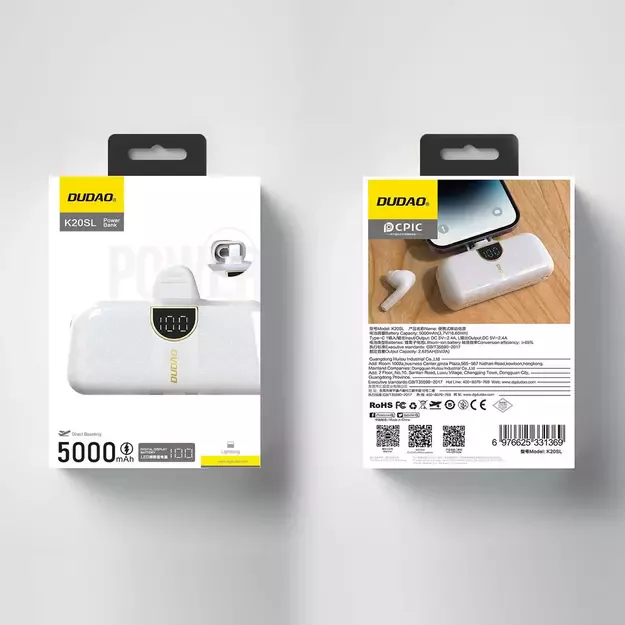 Dudao K20SL 5000mAh mini power bank with Lightning / USB-C connectors - white 5