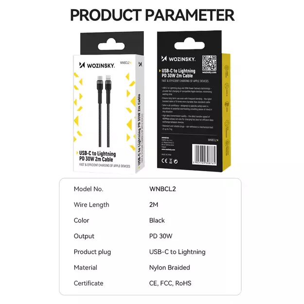 Wozinsky WNBCL2 Lightning / USB-C PD 30W cable 2 m - black 4