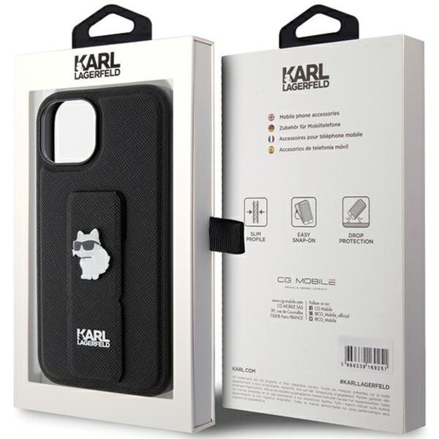 Karl Lagerfeld Gripstand Saffiano Choupette Pins case for iPhone 15 - black 14