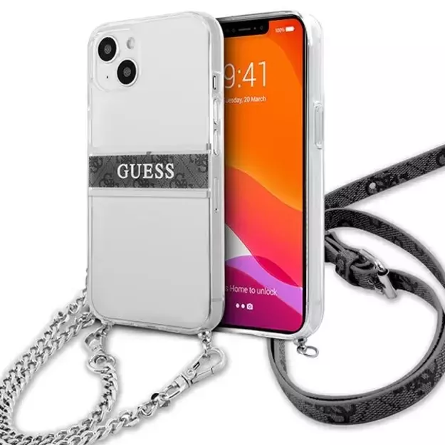 Guess GUHCP13SKC4GBSI iPhone 13 mini 5.4&quot  Transparent hardcase 4G Gray Strap Silver Chain