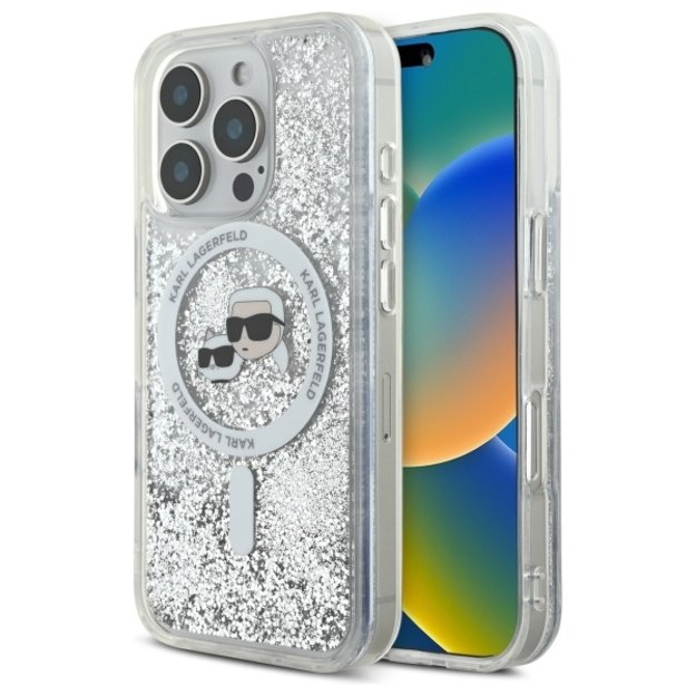 Karl Lagerfeld Liquid Glitter Karl &amp  Choupette Head Magsafe Case for iPhone 16 Pro Max - Clear