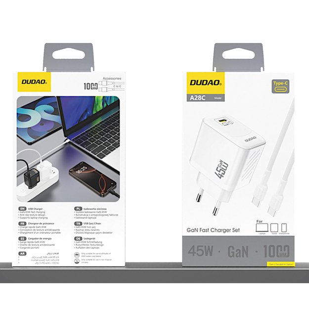 Dudao A28C 45W GaN Wall Charger + USB-C Cable - White 4
