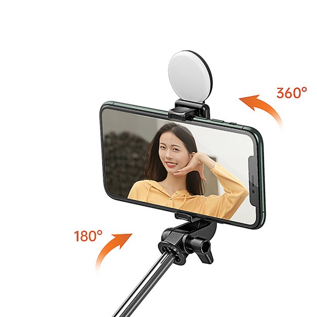 Selfie stick WH1YXS telescopic tripod 1m with round lamp and phone holder - black 7