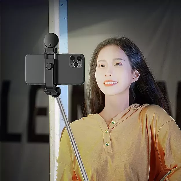 Selfie stick WH1YXS telescopic tripod 1m with round lamp and phone holder - black 26