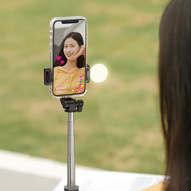 Selfie stick WH1YXS telescopic tripod 1m with round lamp and phone holder - black 6