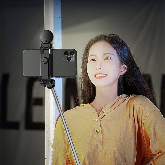 Selfie stick WH1YXS telescopic tripod 1m with round lamp and phone holder - black 3