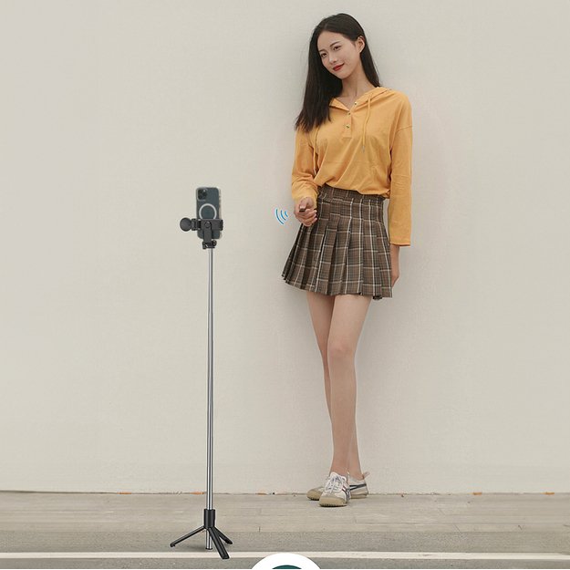 Selfie stick WH1YXS telescopic tripod 1m with round lamp and phone holder - black 5