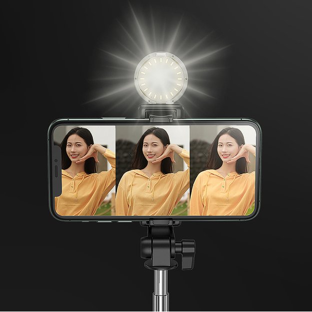 Selfie stick WH1YXS telescopic tripod 1m with round lamp and phone holder - black 12