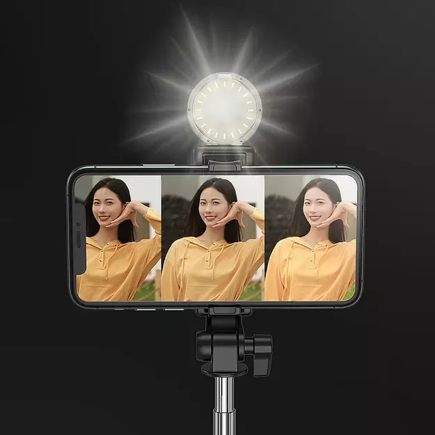 Selfie stick WH1YXS telescopic tripod 1m with round lamp and phone holder - black 35