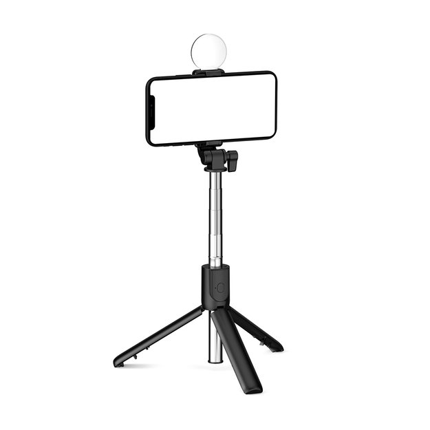 Selfie stick WH1YXS telescopic tripod 1m with round lamp and phone holder - black 10
