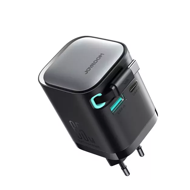 Joyroom JR-TCL02 65W USB-A USB-C GaN charger with built-in USB-C cable - black 1