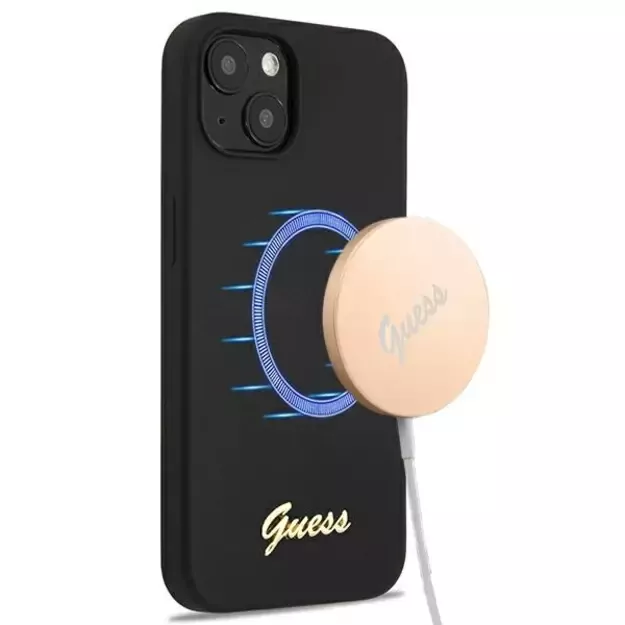 Guess GUHMP13MLSLMGBK iPhone 13 6.1&quot  black/black hardcase Silicone Script Gold Logo Magsafe