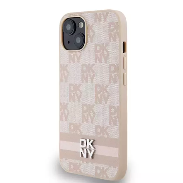 DKNY Leather Checkered Mono Pattern &amp  Printed Stripes case for iPhone 15 / 14 / 13 - pink 1