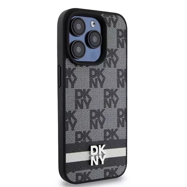 DKNY Leather Checkered Mono Pattern &amp  Printed Stripes iPhone 15 Pro Case - Black 10