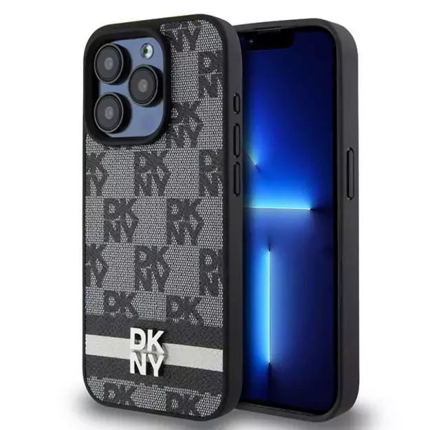 DKNY Leather Checkered Mono Pattern &amp  Printed Stripes iPhone 15 Pro Case - Black