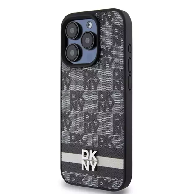 DKNY Leather Checkered Mono Pattern &amp  Printed Stripes iPhone 15 Pro Case - Black 8