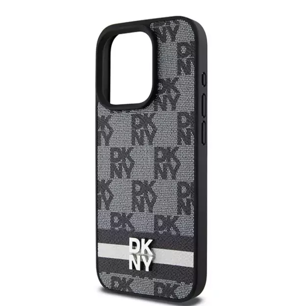 DKNY Leather Checkered Mono Pattern &amp  Printed Stripes iPhone 15 Pro Case - Black 12