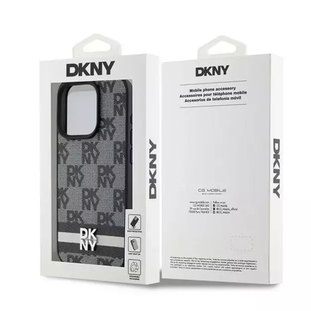 DKNY Leather Checkered Mono Pattern &amp  Printed Stripes iPhone 15 Pro Case - Black 14