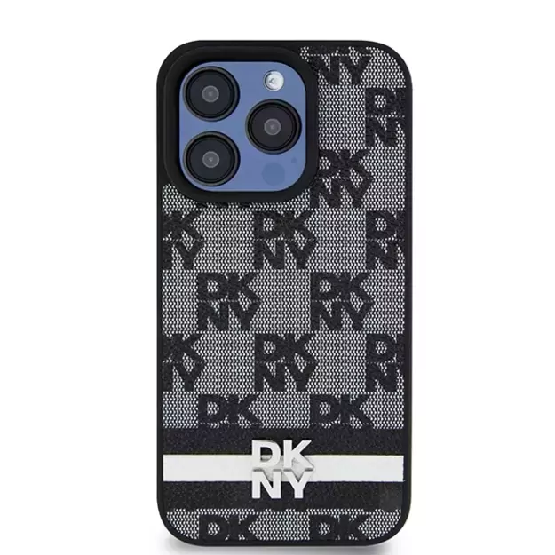 DKNY Leather Checkered Mono Pattern &amp  Printed Stripes iPhone 15 Pro Case - Black 9