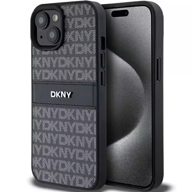 DKNY Leather Mono Stripe &amp  Metal Logo Case for iPhone 15 Plus / 14 Plus - Black