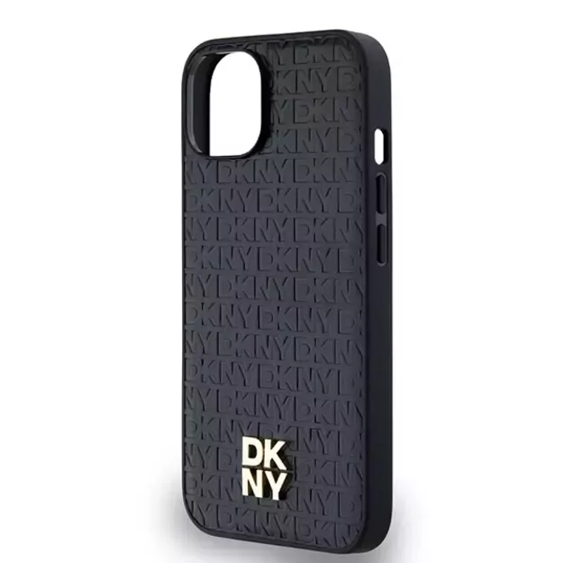 DKNY Leather Monogram Pattern Metal Logo MagSafe Case for iPhone 15/14/13 - Black 12