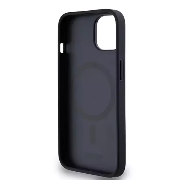 DKNY Leather Monogram Pattern Metal Logo MagSafe Case for iPhone 15/14/13 - Black 13