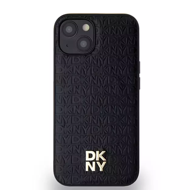 DKNY Leather Monogram Pattern Metal Logo MagSafe Case for iPhone 15/14/13 - Black 9