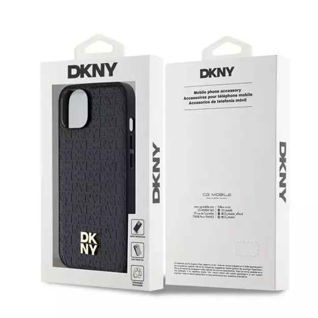 DKNY Leather Monogram Pattern Metal Logo MagSafe Case for iPhone 15/14/13 - Black 14