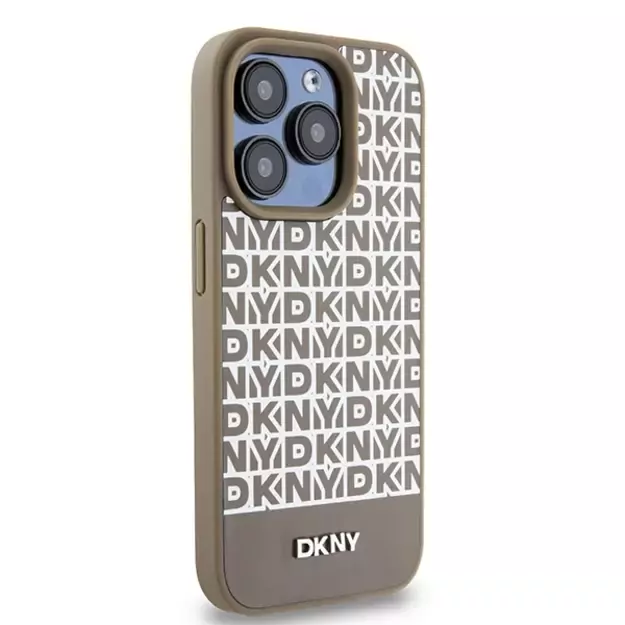 DKNY Leather Printed Pattern Metal Logo MagSafe Case for iPhone 15 Pro - Brown 10
