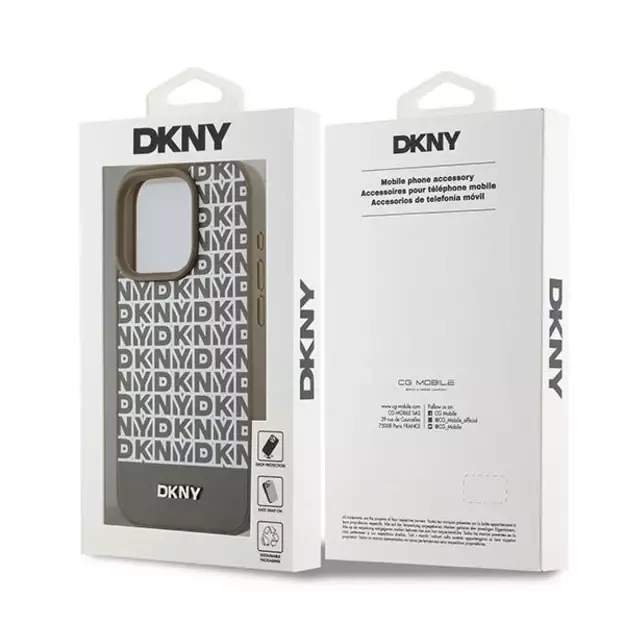 DKNY Leather Printed Pattern Metal Logo MagSafe Case for iPhone 15 Pro - Brown 14